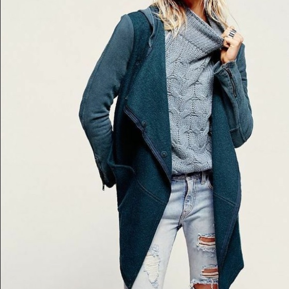 Free People Navy Drippy Wool Jacket Hoodie Sweatshirt Coat Asymmetrical Small